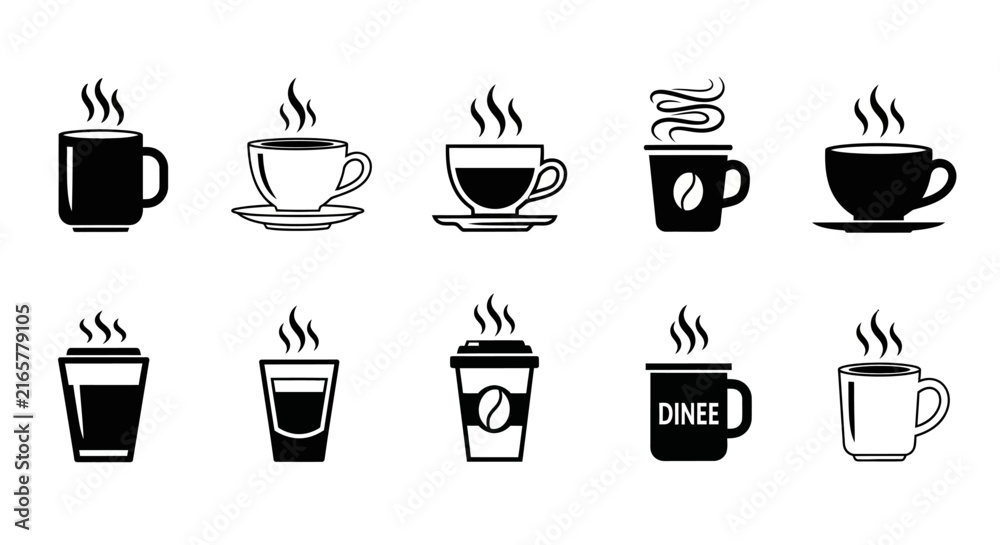 Obraz premium Set of black and white hot coffee or tea cups and mugs, collection of diverse cafe beverage icons including takeaway cups and espresso shots for menu design