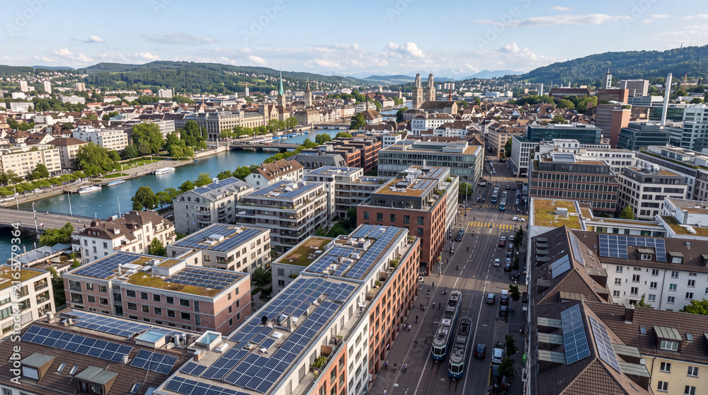 Fototapeta premium Solar Panels on European City Rooftops, Renewable Energy