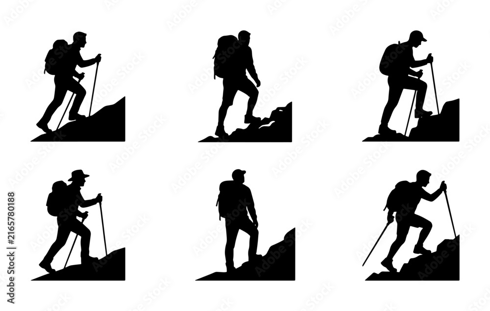 Fototapeta premium Hiking Silhouette Set, Mountain Climber Icons, Outdoor Adventure Vector Graphics, Trekking People Collection