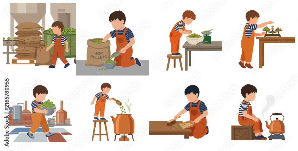 Fototapeta premium Little Boy Learning the Beer Brewing Process with Hops and Traditional Equipment Illustration Set