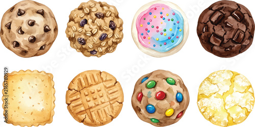 Vector Illustration Watercolor assorted cookies and biscuits clipart set isolated on white background