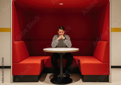 Man sitting alone at a table inside a modern red booth in a minimalist office or cafe setting