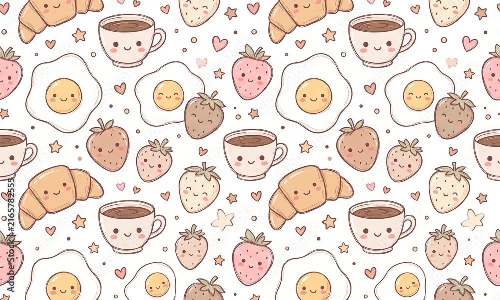 Cute kawaii breakfast food seamless pattern with coffee, egg, croissant and strawberry