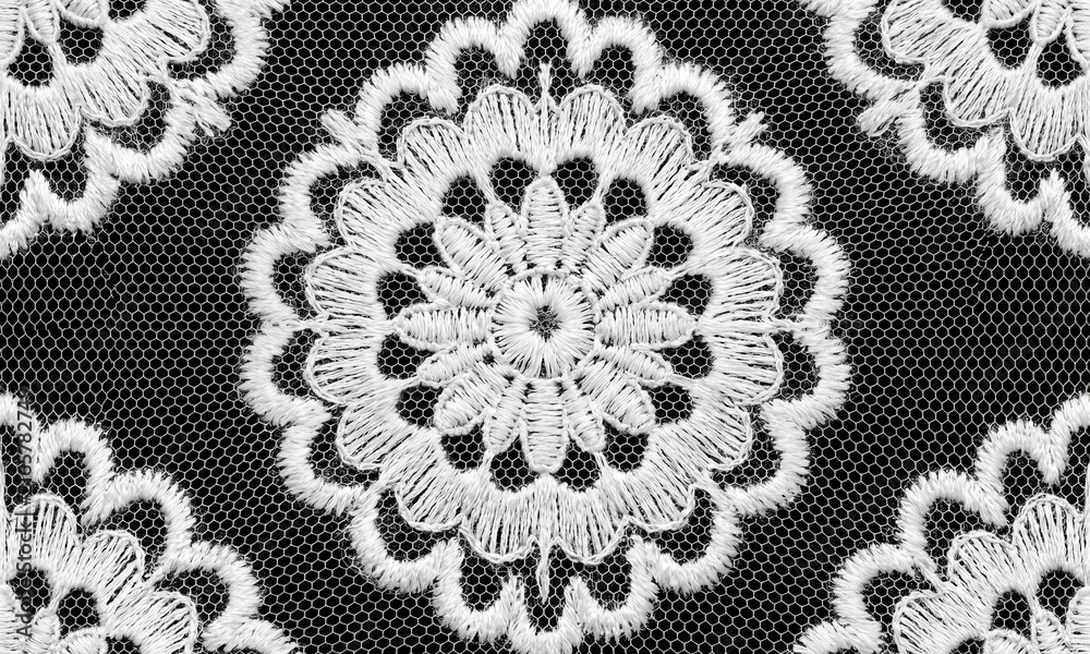Macro white floral lace embroidery on black tulle mesh background