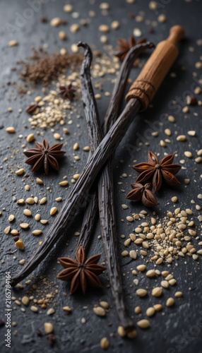 Vanilla beans and star anise are beautifully arranged dark surface, surrounded by various spices and seeds, creating inviting and aromatic culinary scene. rich textures and colors evoke sense