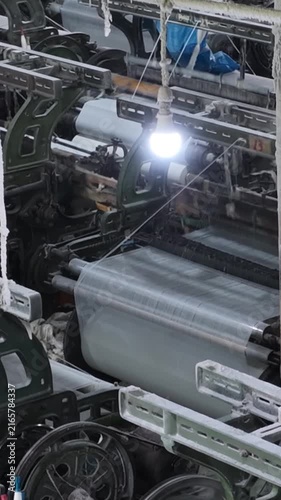 Vintage Weaving Machine Producing Cotton Fabric vertical video