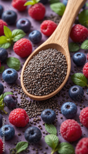 Chia seeds wooden spoon surrounded by fresh blueberries, raspberries, and mint leaves create vibrant and healthy composition. This colorful arrangement highlights nutritious appeal of these
