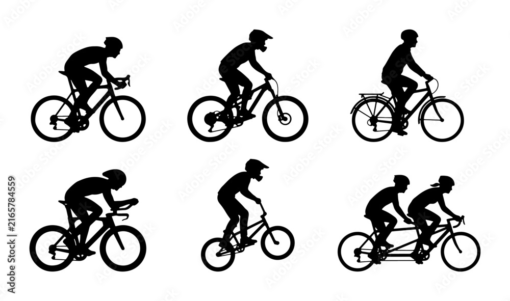 Fototapeta premium Diverse Bicycle Silhouettes Collection: Cyclists, Mountain Bikes, Tandem, Road Racing, BMX