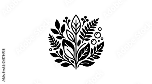 Symmetrical herbal leaf cluster botanical illustration.