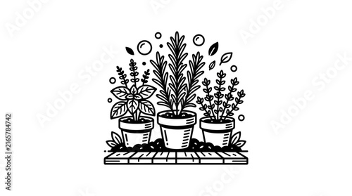 Three potted kitchen herbs black and white line art