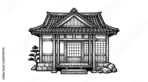 Traditional Japanese wooden teahouse illustration.