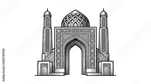 Traditional mosque entrance iwan with dome and minarets