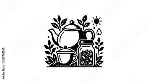 Herbal tea set with teapot cup and ingredients jar.