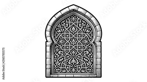 Islamic mihrab archway intricate geometric pattern.