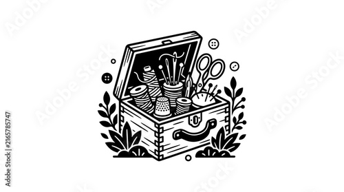 Organized wooden sewing chest with tailoring supplies.