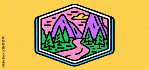 Hexagonal nature badge with stylized mountains, pine trees, and a winding river path design.