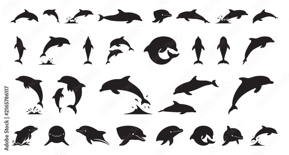 Fototapeta premium Adorable black dolphin images for children. Charming dolphin shapes ideal for nursery decorations and stickers. Whimsical black dolphin figures perfect for kids room art and crafts projects