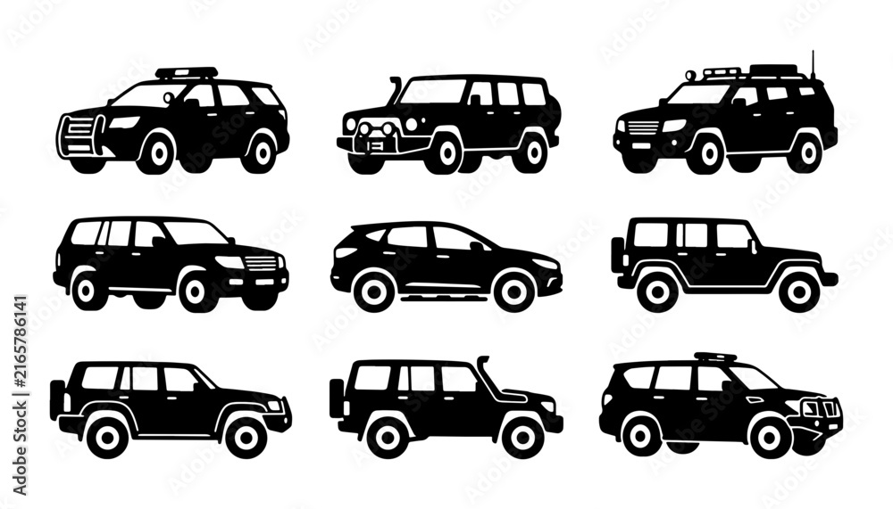 Fototapeta premium SUV Collection, Off-Road Vehicles, Adventure Cars, 9 Black Vector Icons