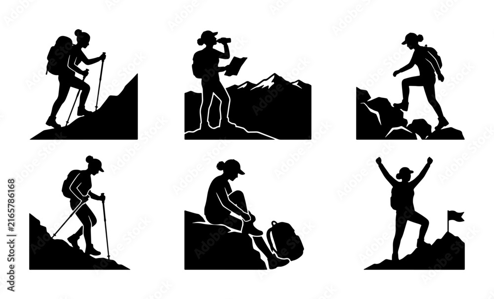 Fototapeta premium Hiking Silhouette Set, Mountain Climbing Vector Icons, Outdoor Adventure Graphics, Woman Trekking Collection