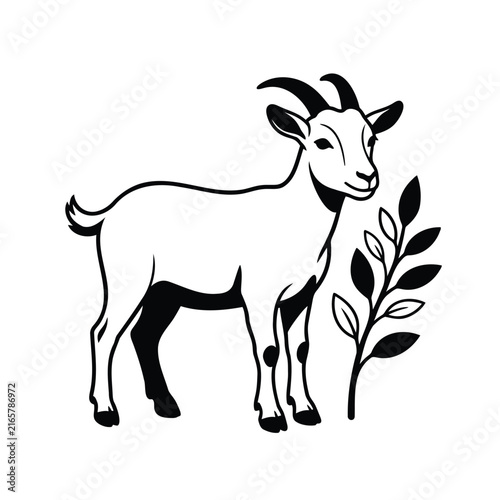 Simple black and white line art illustration of a cute goat standing with a branch