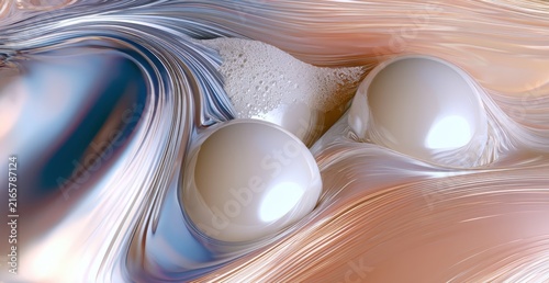Abstract fluid swirl background with glossy spheres and liquid motion texture