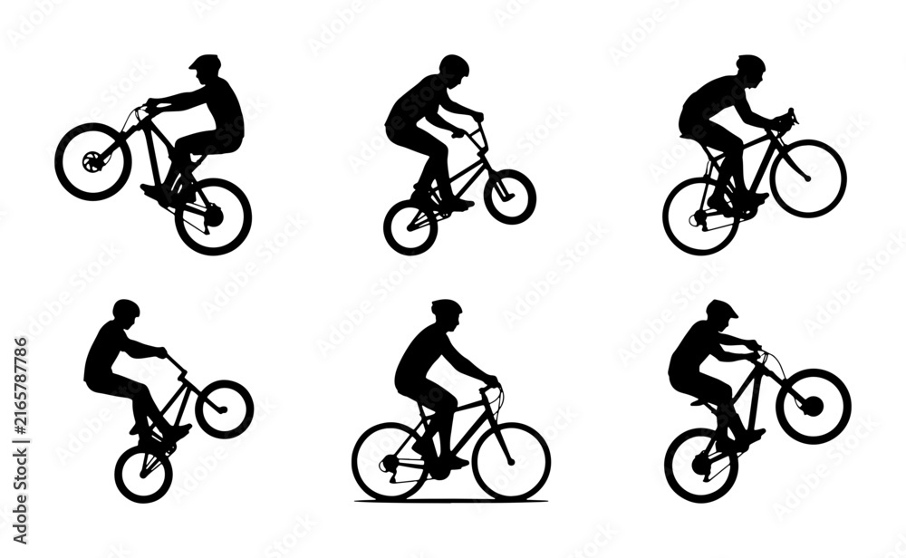Fototapeta premium BMX Bike Rider Silhouettes, Extreme Sports Action, Bicycle Tricks Set, Dynamic Motion Graphics