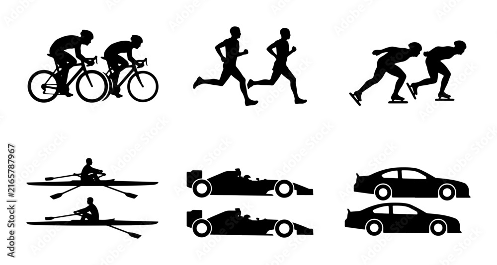 Fototapeta premium Sports Icons Set: Cycling, Running, Skating, Rowing, Racing Cars, Automobiles Vector Graphics