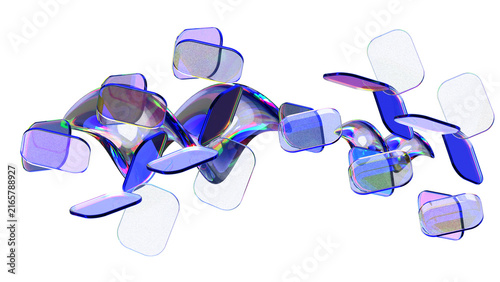 Abstract 3D glass elements with iridescent dispersion and floating translucent rectangles on white background