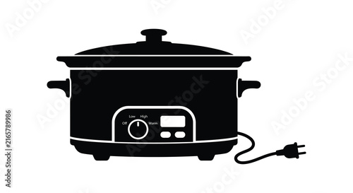 Black silhouette of a slow cooker with control dial and power cord