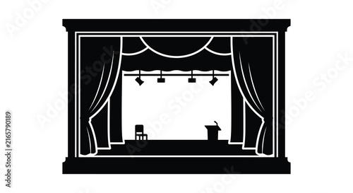Stage with curtains and podium is depicted in a black silhouette