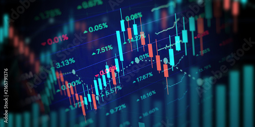 financial graph with uptrend line technology bar chart of stock market on blue color background