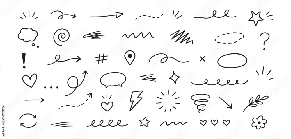 Naklejka premium Hand drawn doodle outline icon set with arrows, stars, hearts, speech bubbles, swirls and decorative marks for casual design on white background, with doodle, outline, icon, arrow detail
