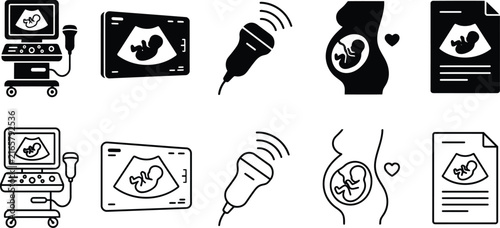 Foto Medical pregnancy ultrasound scan icons set featuring equipment baby fetus and m