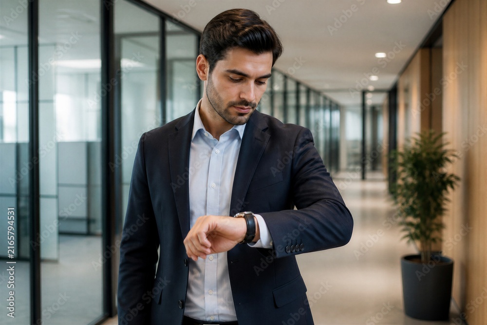 Fototapeta premium Businessman checks his watch while walking down a modern office hallway. He wears a dark suit and light shirt, looking focused. His expression shows mild urgency or attentiveness