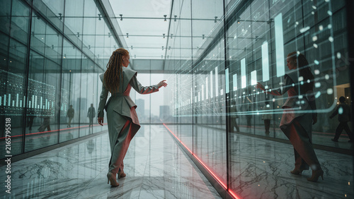 Woman with copper dreadlocks interacts with glowing holographic data charts inside a modern glass corridor. Reflections shimmer on the polished marble floor under soft overcast daylight.