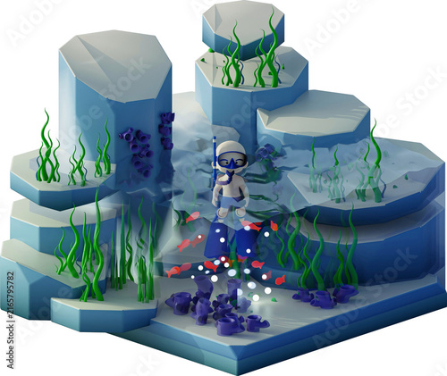 Isometric 3D Underwater Scuba Diver Diorama Model Isolated on Transparent Background