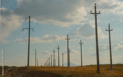 Картината върху платно Electricity pylons and power lines extending through golden field under cloudy s