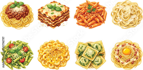 Vector Illustration Watercolor Italian pasta dishes collection with bolognese, lasagna, and carbonara