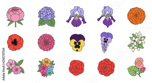 Colorful spring garden flower icon set.