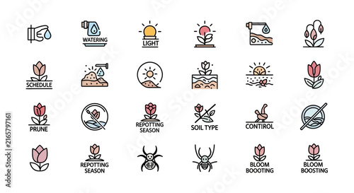 Color line icons for plant cultivation and garden maintenance tasks.
