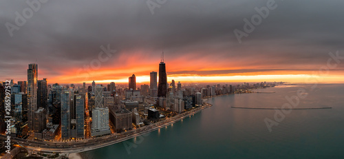Wide Chicago Skyline Panorama at Brilliant Sunset
