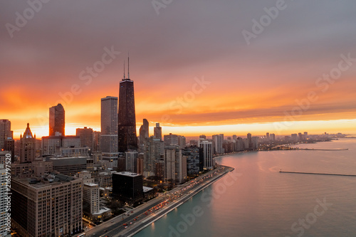 Chicago Lakefront Skyline Under Vivid Sunset Sky