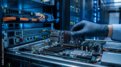 Server room technician installing a network interface card within a rack mounted system