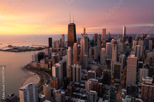 Chicago Skyline and Lake Michigan at Pastel Sunset