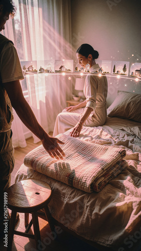 Woman sits on bed while man reaches toward folded quilt in a sunlit bedroom. Floating translucent cards displaying house illustrations drift through rays of warm morning sunlight.
