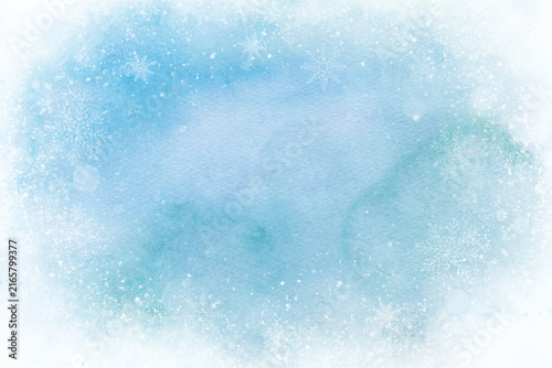 Winter Watercolor Blue Background with Snowflakes Falling Border. Abstract frosty holiday abstract backdrop. December seasonal frame for ads, banner, poster, presentation, invitation, cover design. 