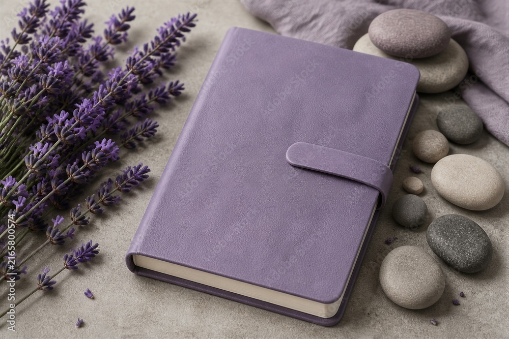 Fototapeta premium Soft lavender blooms rest beside a purple journal. Smooth stones and textured fabric frame the scene. Gentle, calming atmosphere fills the image. Perfect for meditation, journaling, or wellness themes