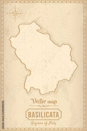 Vintage-style decorative map of Basilicata, Italy, featuring an ornate border, compass rose, aged parchment texture and regional outline. Perfect for travel, cartography, Italian heritage, historical 