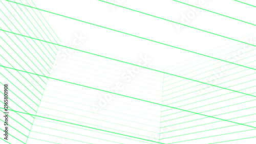 Minimalist green neon grid structure creating architectural 3d space on a dark black empty void