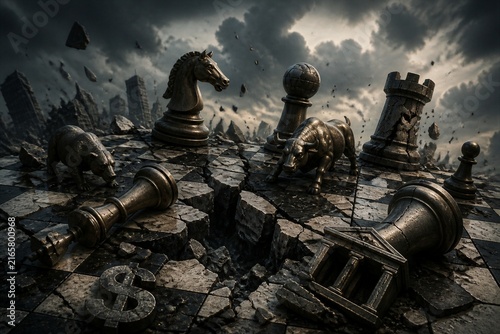 Broken chess pieces stand amid shattered city ruins. Dark clouds loom overhead, adding tension to the scene. Metal castles and pawns topple from fractured ground